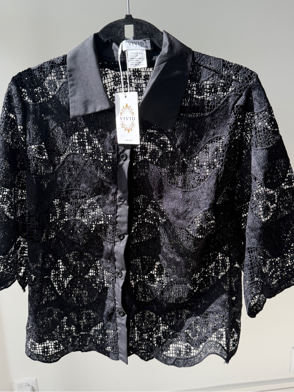 “Vivid”, NWT, size M, dressy Black Lace Button-Up Blouse